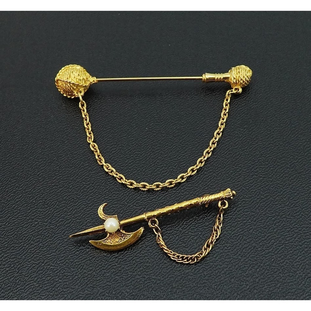Vintage Gold Tone Battle Axe and Scepter Wand Brooch Pin Lot 2‎